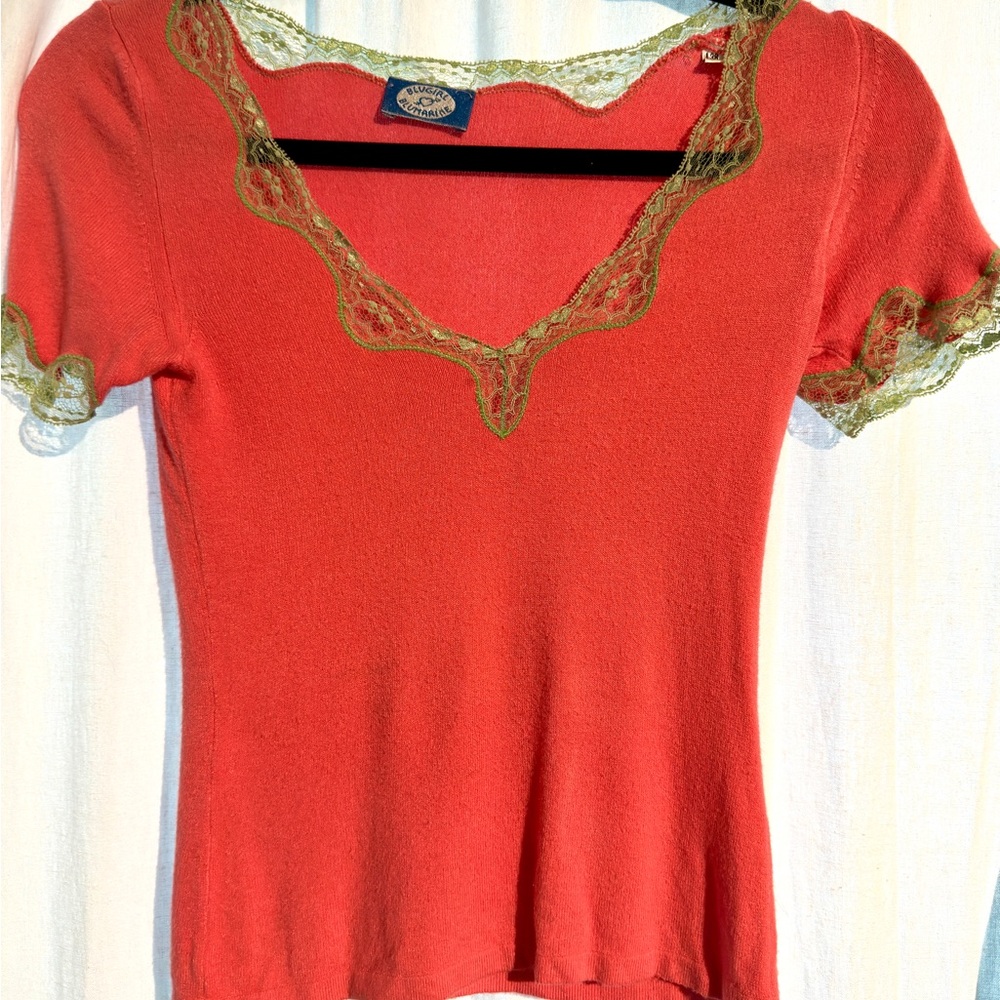 Blue Marine Cashmere Elegant Coral w/Lime Lace Trim Top Size S Originally $495